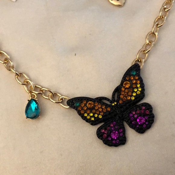Betsey Johnson Gold Tone Black Butterfly Pendant Necklace Multi Colored Crystal - Picture 9 of 16